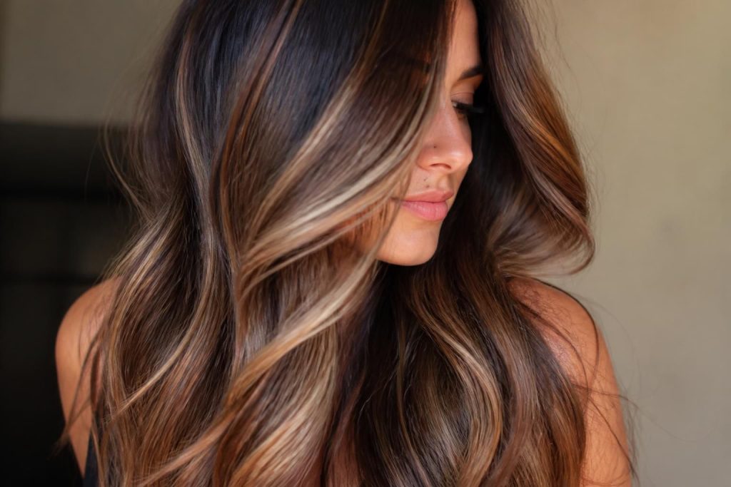 découvrez comment sublimer vos cheveux bruns avec un balayage roux aux nuances cuivrées, caramel et blond pour un effet lumineux et naturel.